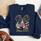 a blue sweatshirt with mickey mouse and friends on it