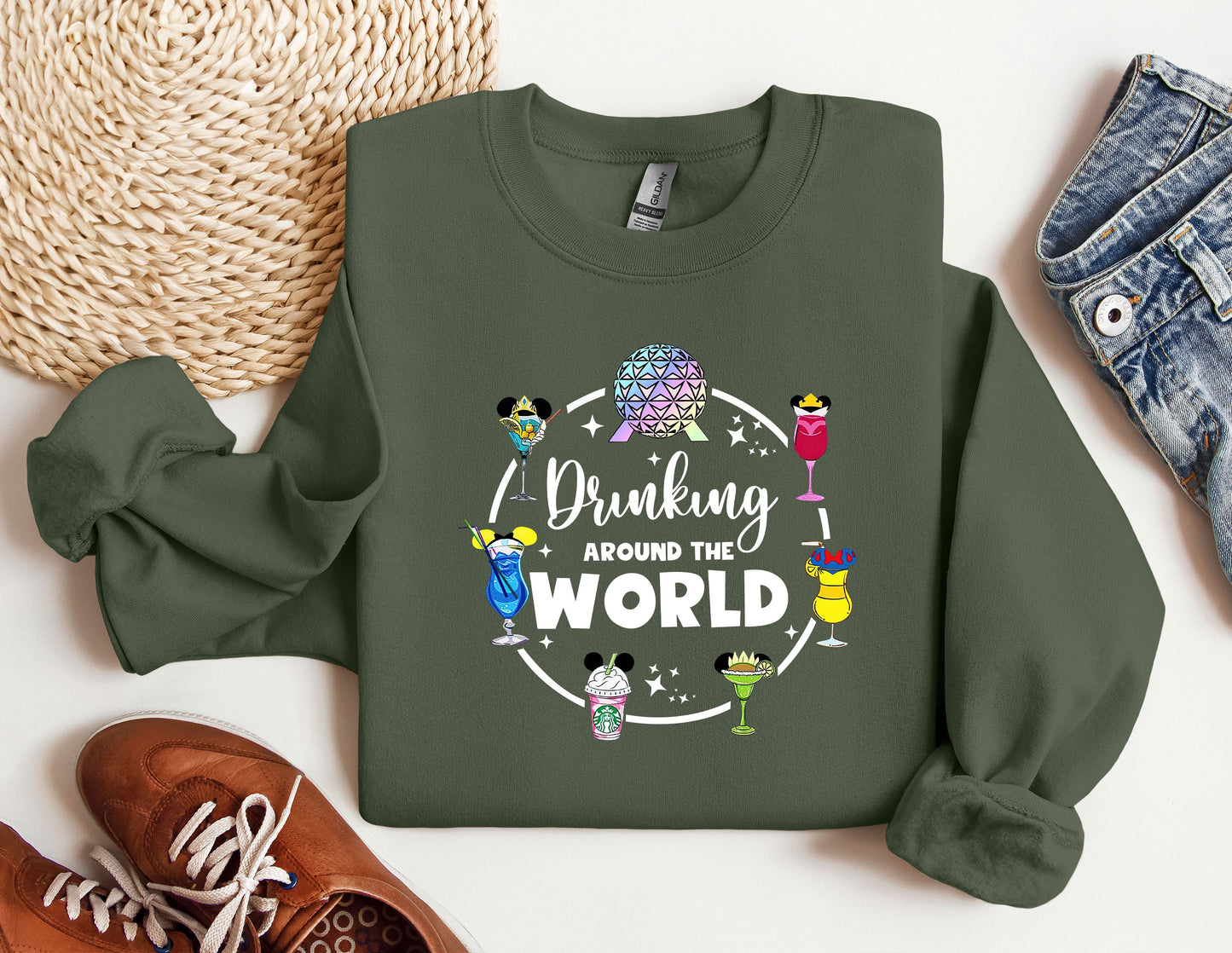 a green sweatshirt with the words drinking around the world on it