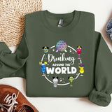 a green sweatshirt with the words drinking around the world on it