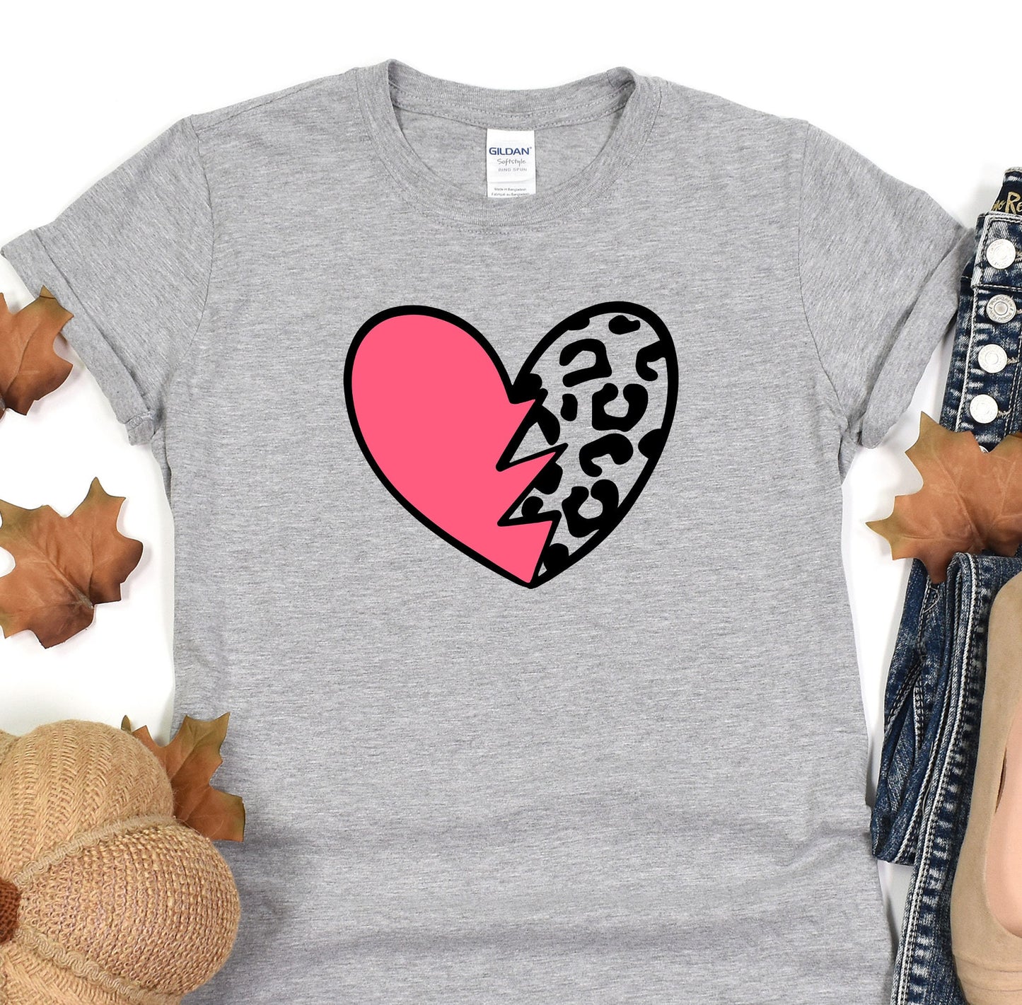 a gray shirt with a pink heart and a leopard print