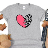 a gray shirt with a pink heart and a leopard print