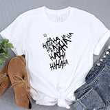 a white t - shirt with black writing on it