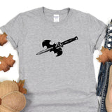 a gray t - shirt with a black sword on it