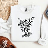 a white sweatshirt with black letters on it