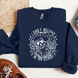 a blue sweatshirt with an image of a skeleton on it