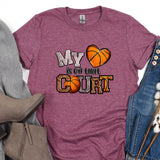 a t - shirt that says, my heart is on the court