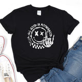 a black t - shirt with white writing on it