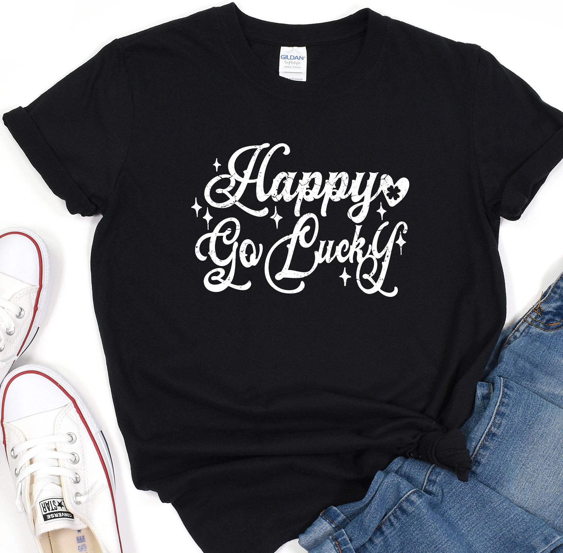 a t - shirt that says happy go lucky on it