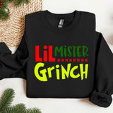 a black sweater with the words lil mister grin on it