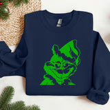 a blue sweatshirt with a green image of a dog on it