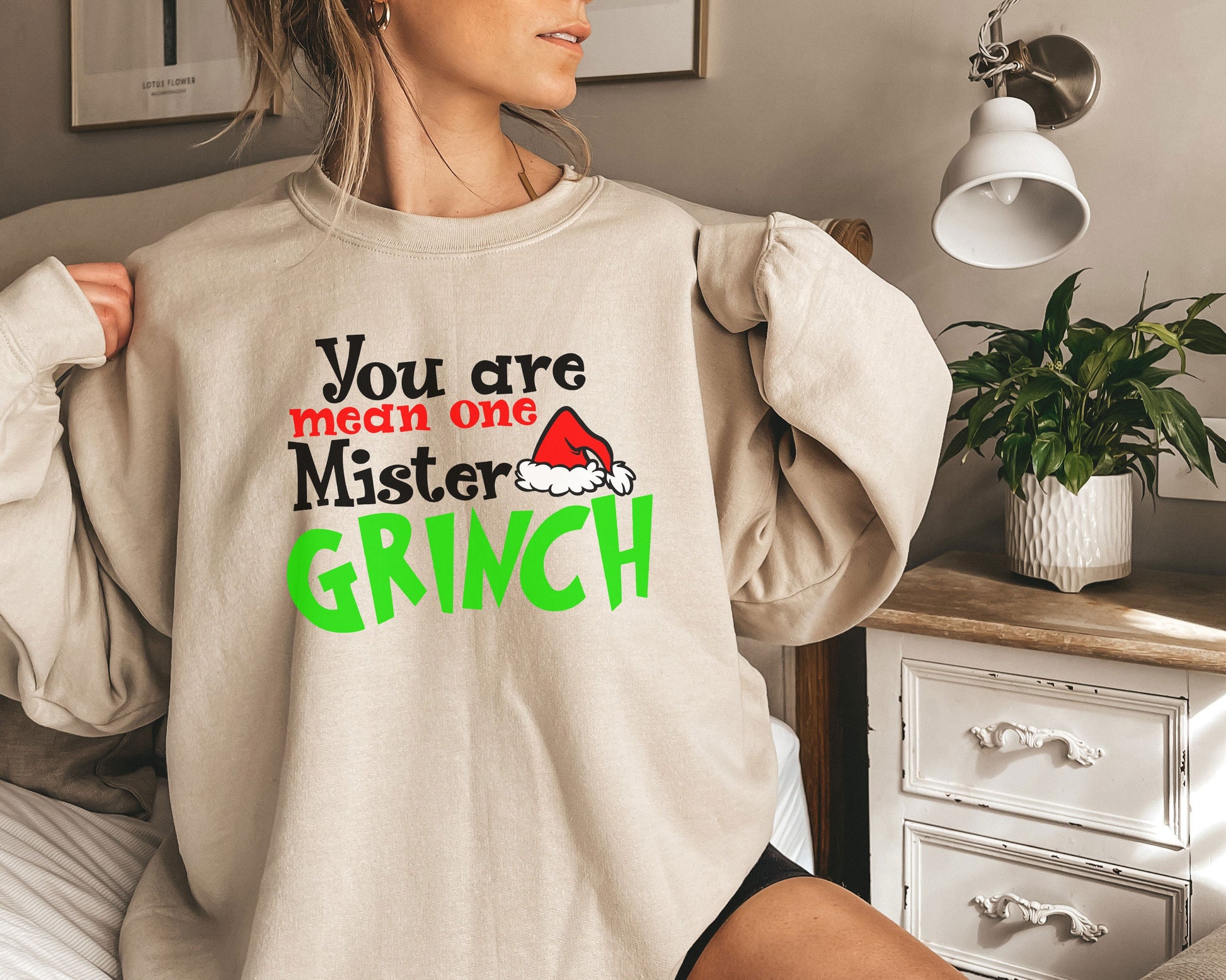 a woman wearing a sweatshirt that says you are mean one master grin