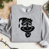 a grey sweatshirt with a cartoon of a man wearing a santa hat