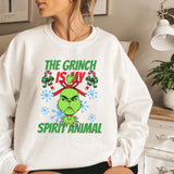 a woman wearing a white sweatshirt with the grin is my spirit animal on it