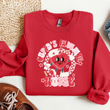 a red sweatshirt with a cartoon character on it