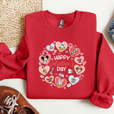 a red shirt with a heart and mickey mouses on it