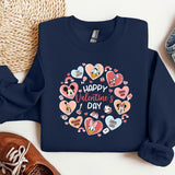 a blue sweatshirt with hearts and the words happy valentine's day