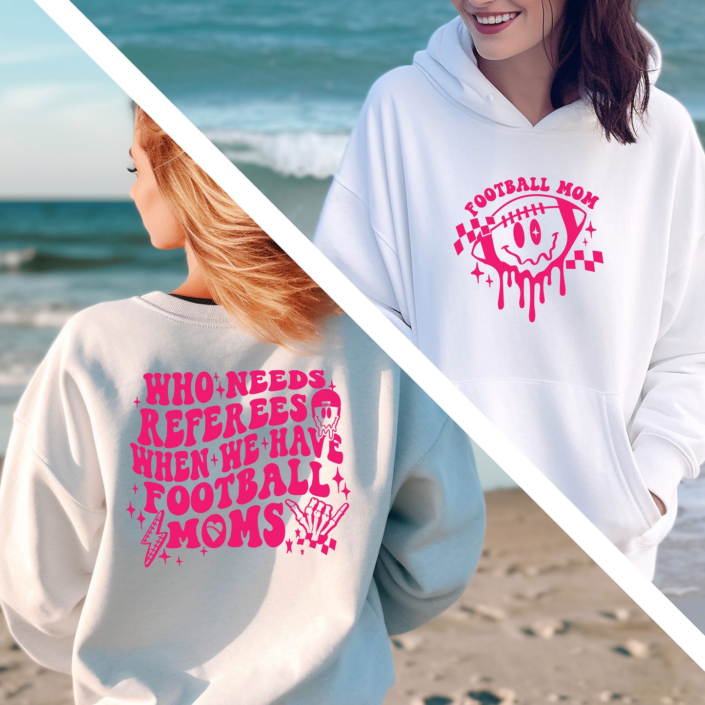 two women wearing matching hoodies on the beach