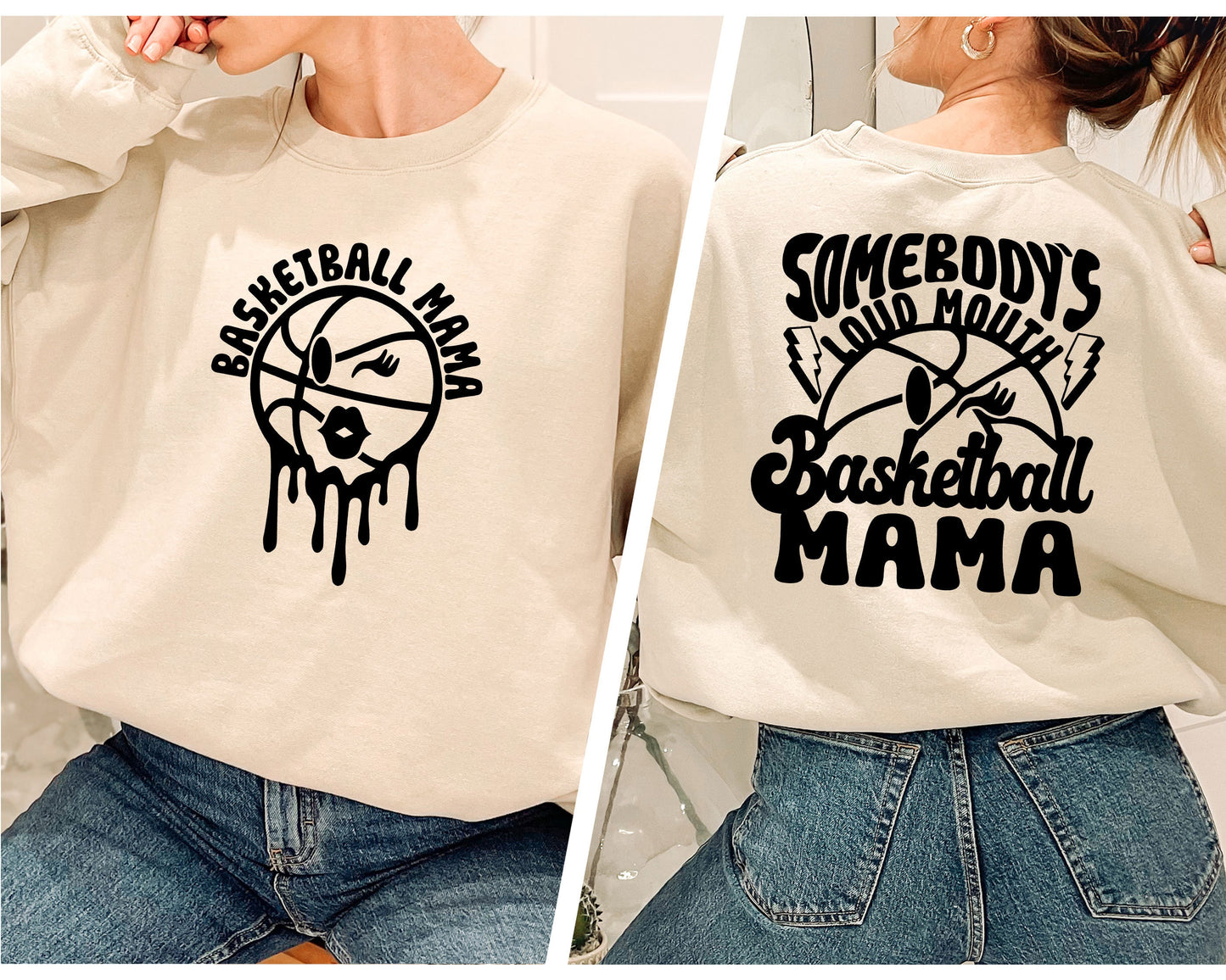 a woman wearing a sweatshirt with the words basketball mama on it