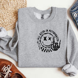 a gray sweatshirt with a black and white graphic on it