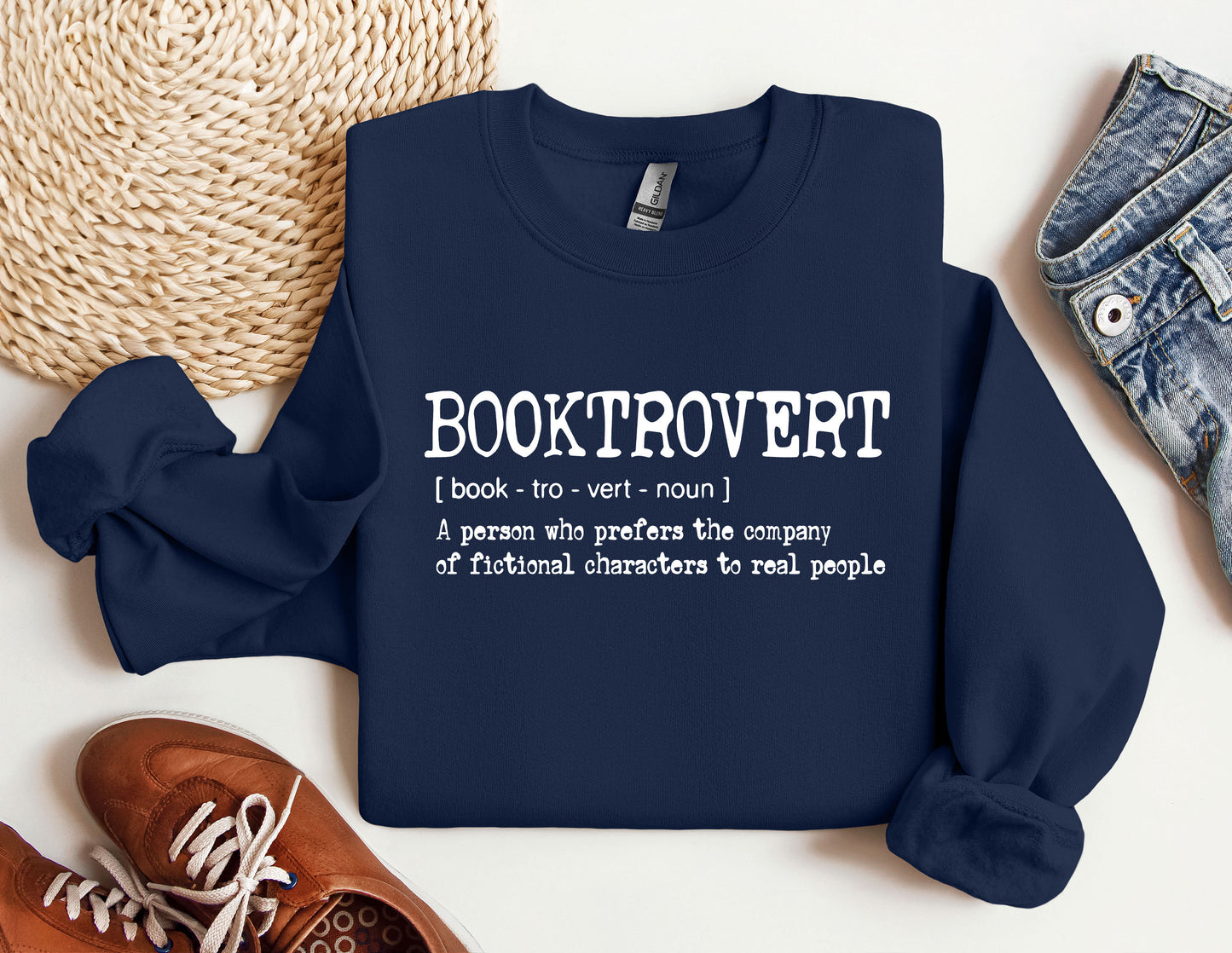 a blue sweatshirt with the words booktrover on it