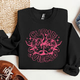 a black sweatshirt with a pink graphic on it