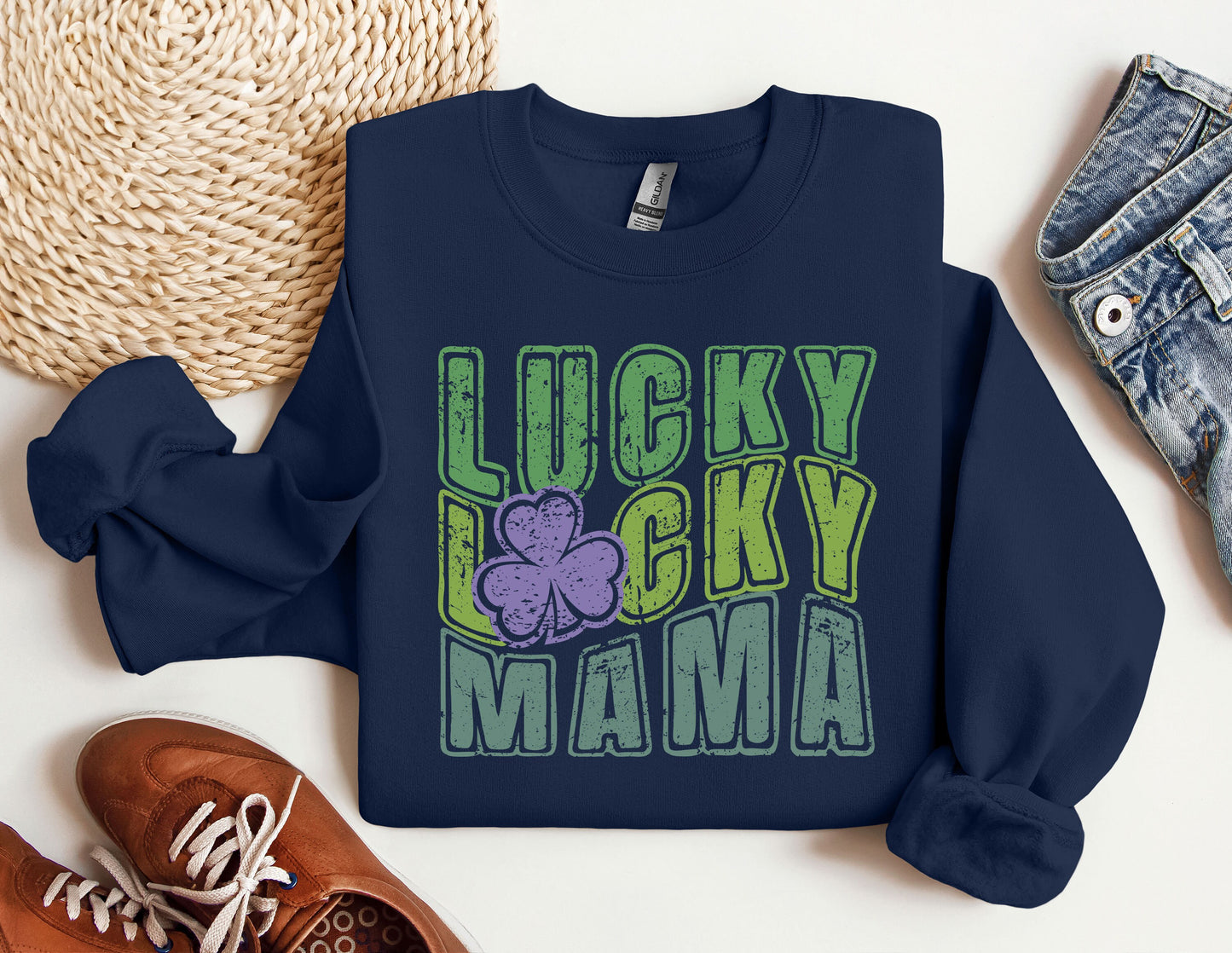 a lucky lucky mama sweatshirt next to a pair of sneakers