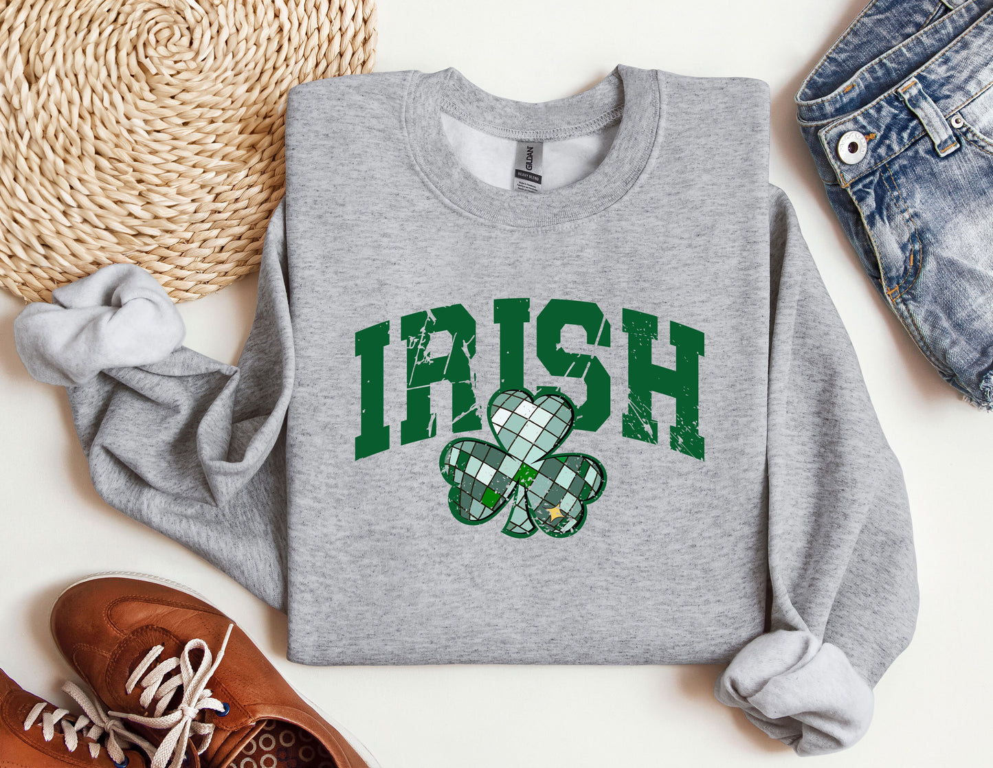 a st patrick&#39;s day sweatshirt with shamrocks on it