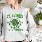 a woman wearing a st patrick's university sweatshirt