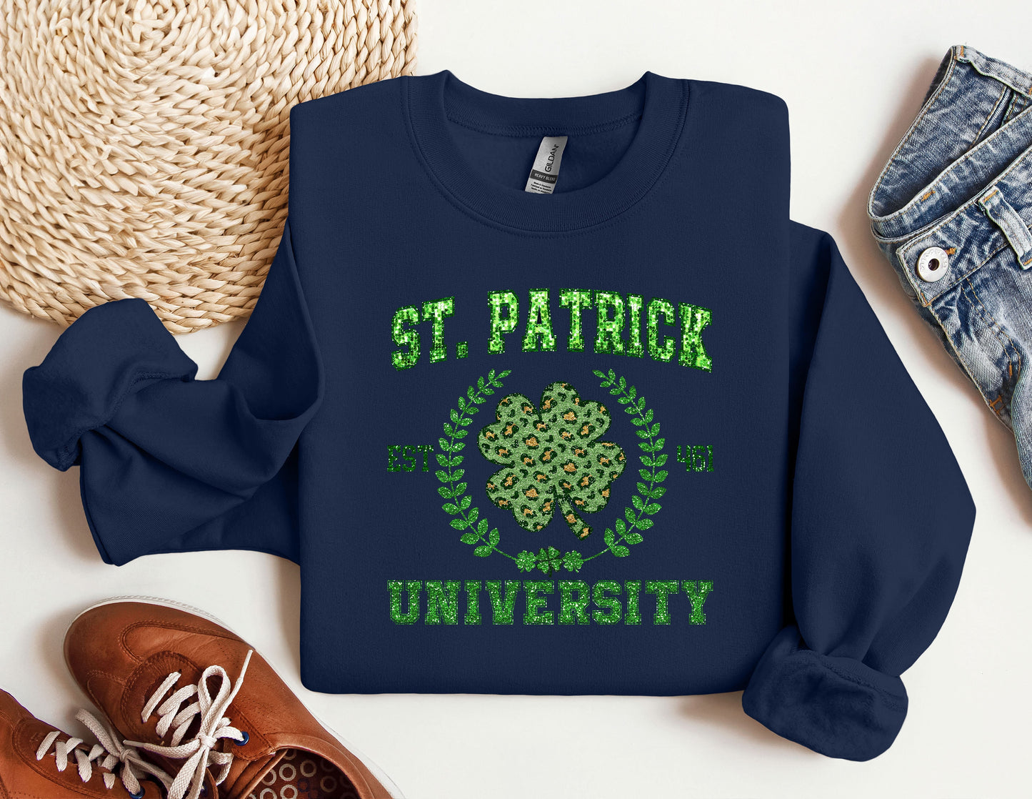 a st patrick&#39;s day sweatshirt with a shamrock on it