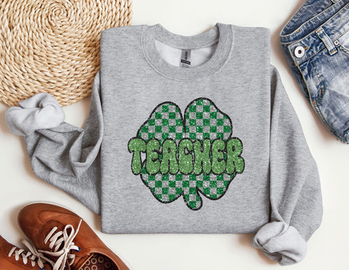 Four Leaf Clover Teacher Retro Sweatshirt, St Patrick's Day Teacher Crewneck, Teacher Gift, St. Patrick's Day Hoodie, Blessed Teacher
