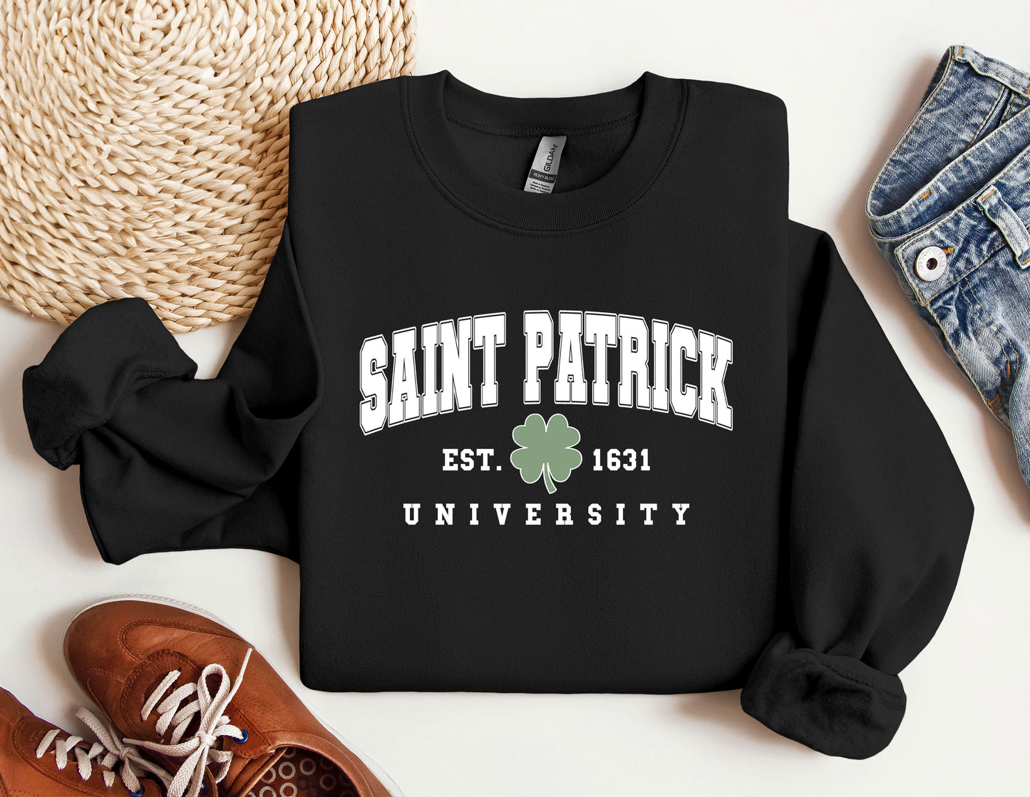 a saint patrick sweatshirt with a pair of sneakers