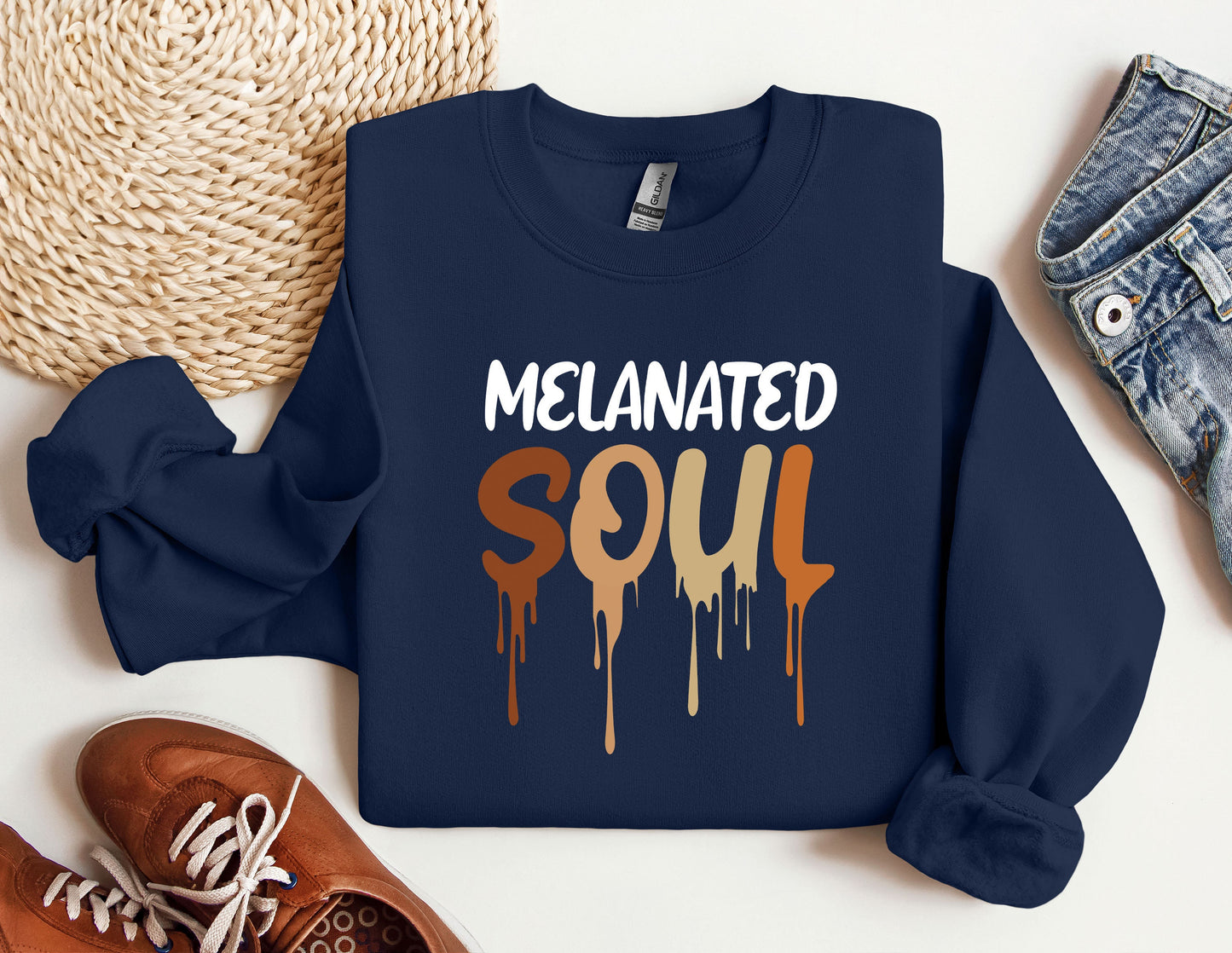 a blue sweatshirt with the words melanited soul on it
