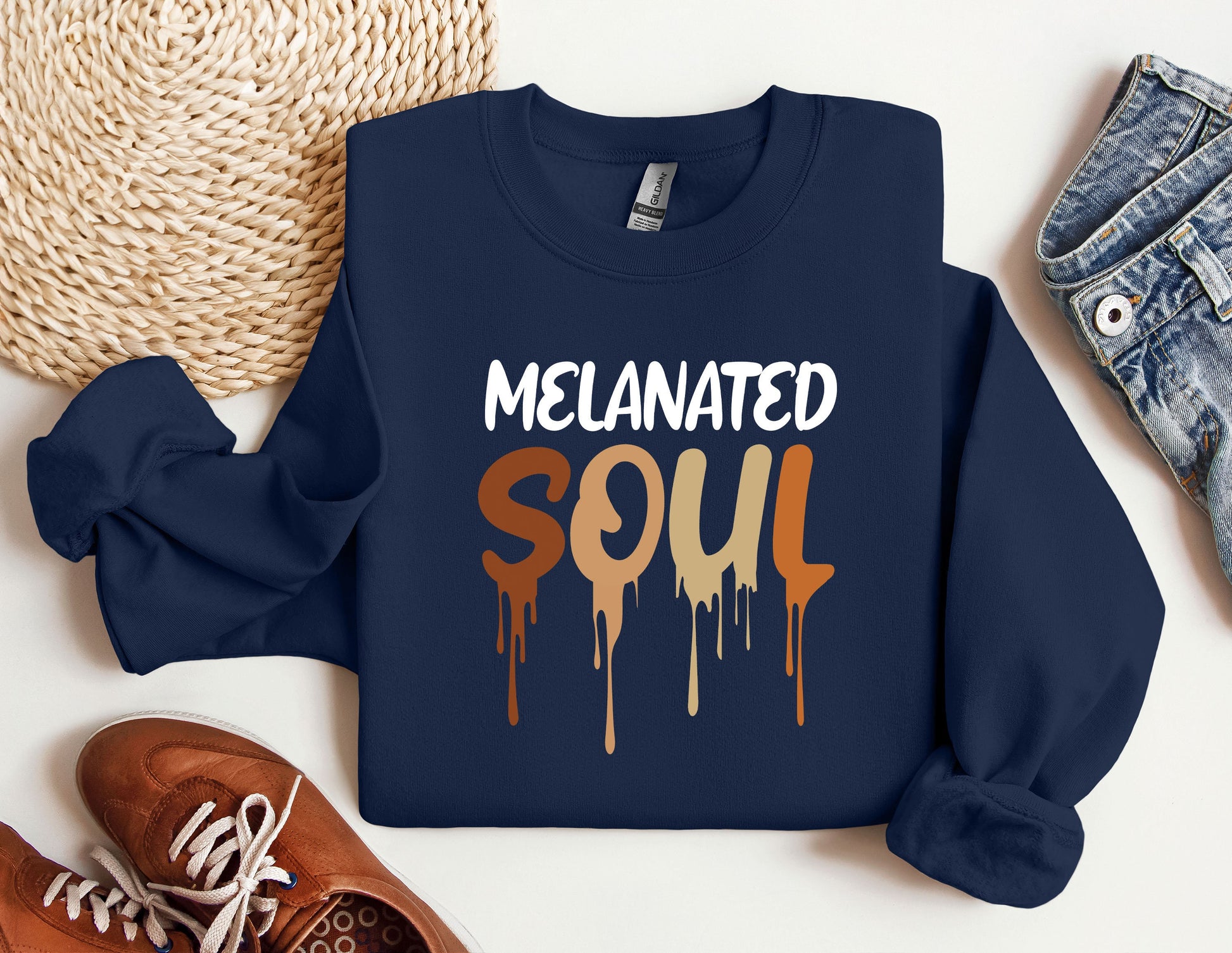 a blue sweatshirt with the words melanited soul on it