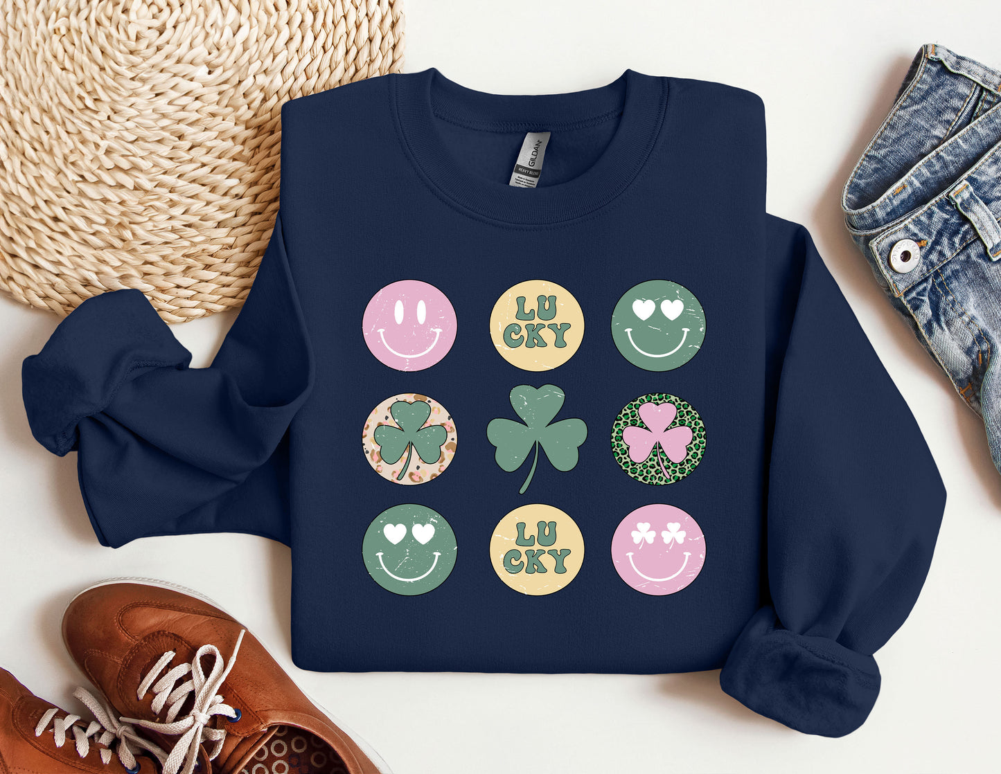 a st patrick&#39;s day sweatshirt with shamrocks and clovers