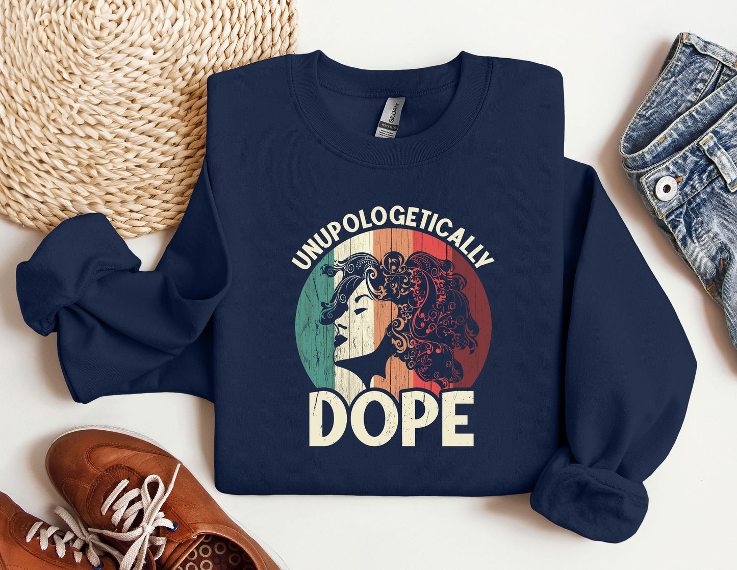 a blue sweatshirt with an image of a woman&#39;s face on it