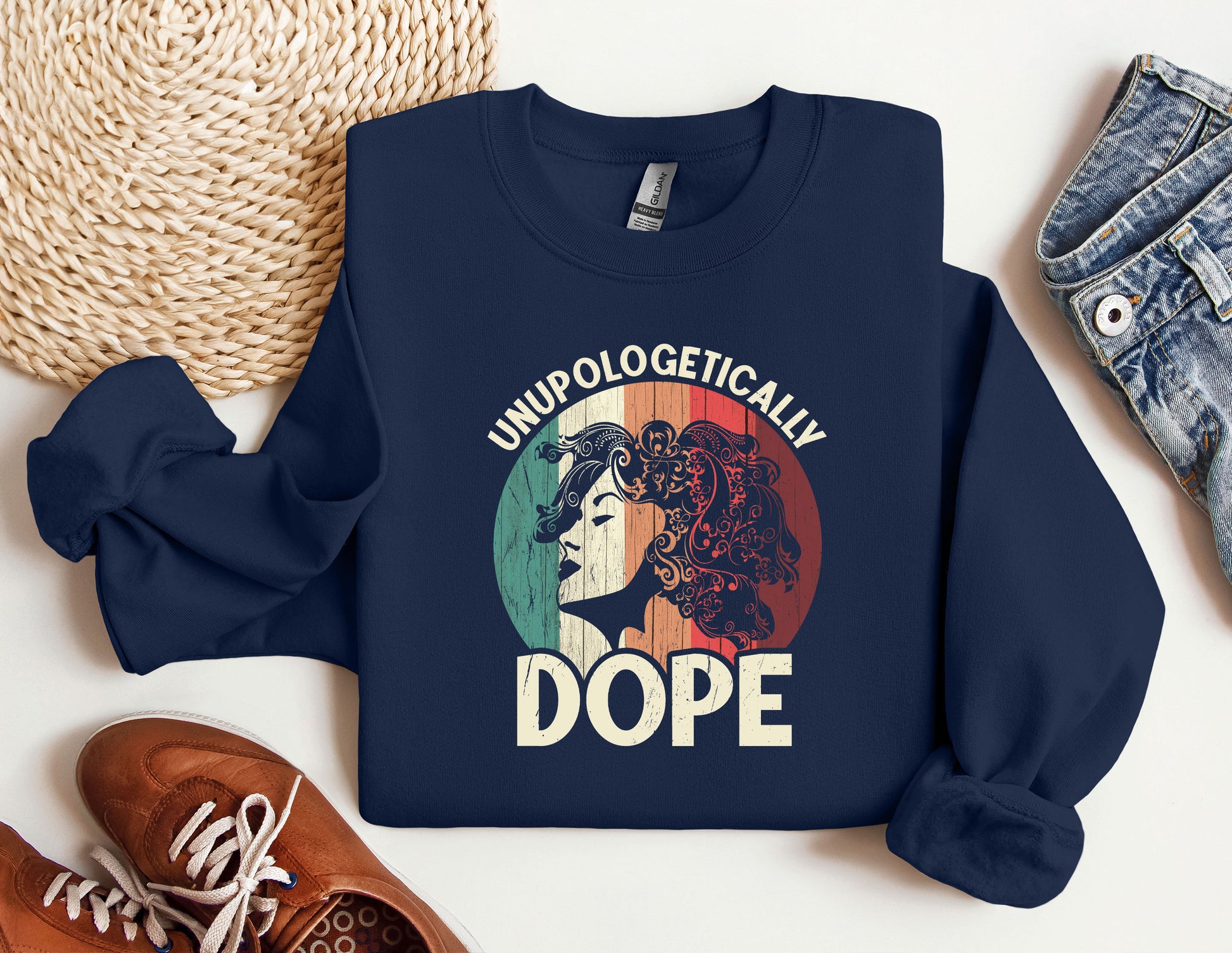 a blue sweatshirt with an image of a woman&#39;s face on it