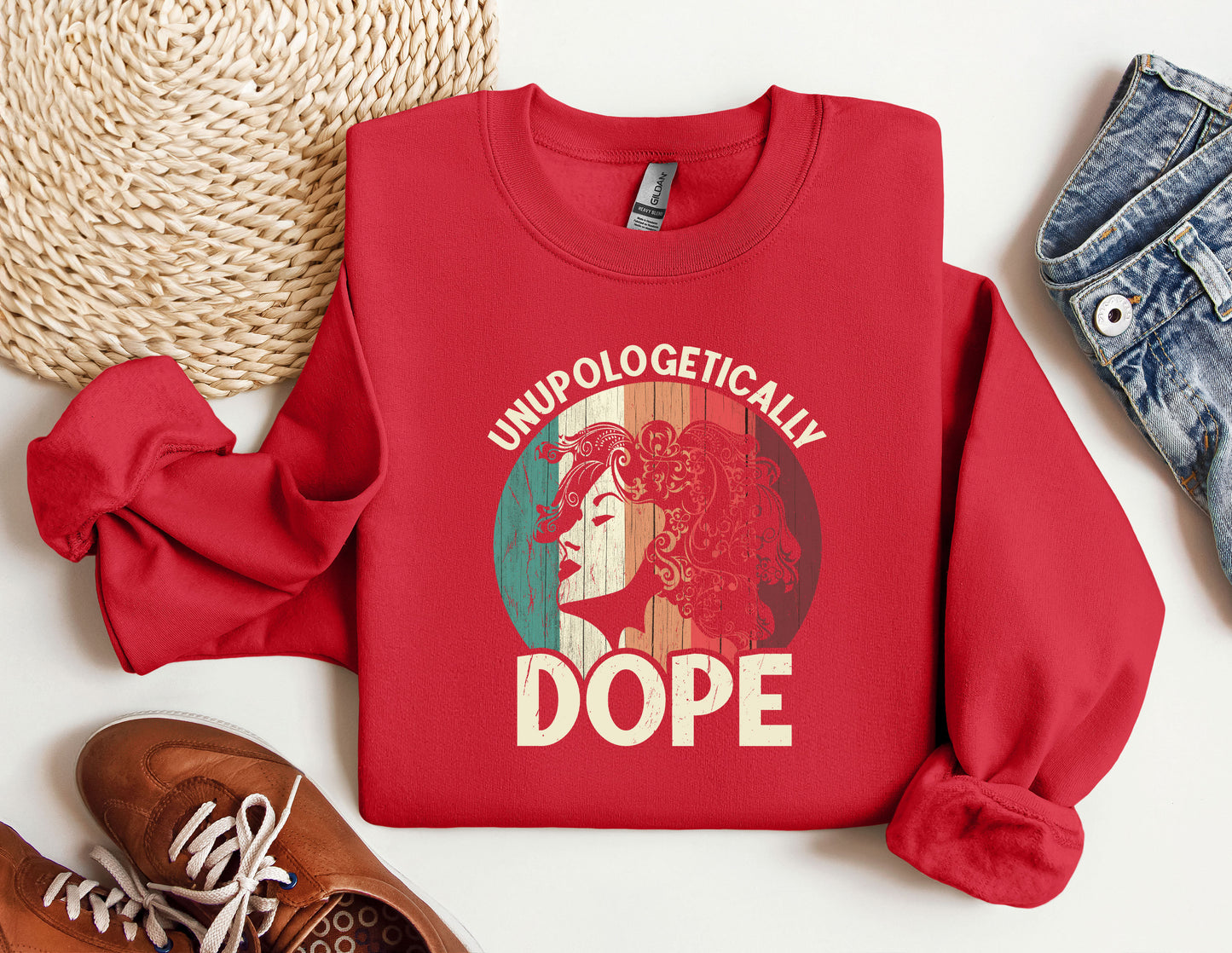 a red sweatshirt with a picture of a woman&#39;s face on it