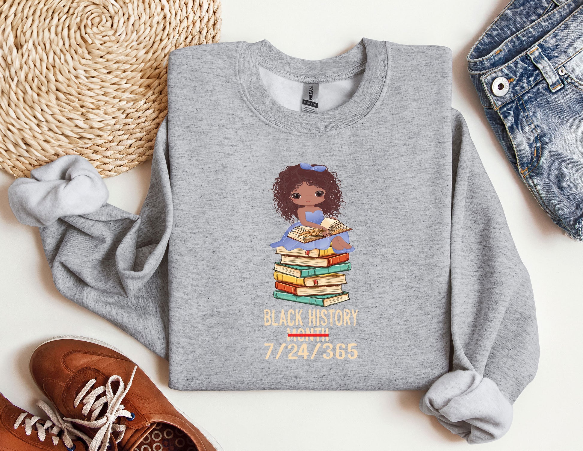 a gray sweatshirt with a black history graphic on it