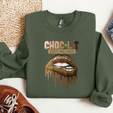 a green sweatshirt with a picture of a woman's mouth and the words cho