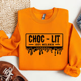 a pair of shoes and an orange shirt with the words choc - lit on