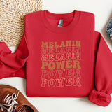 a red sweatshirt with the words melanin, melanin, melani
