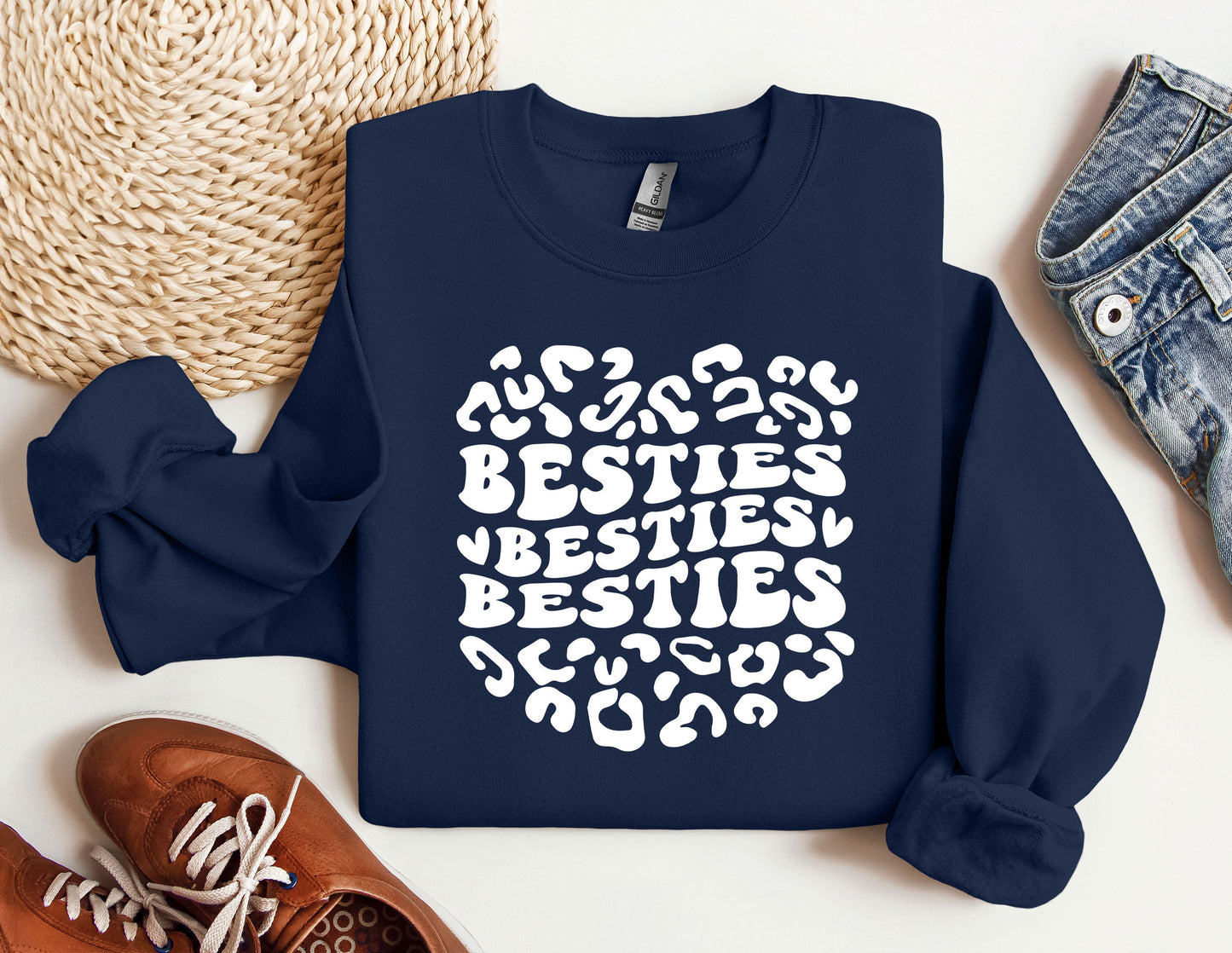 a blue sweatshirt with the words besties besties on it