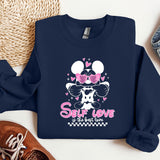 a blue sweatshirt with minnie mouse on it