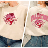 two pictures of a woman wearing a sweater with the words valentine's club on