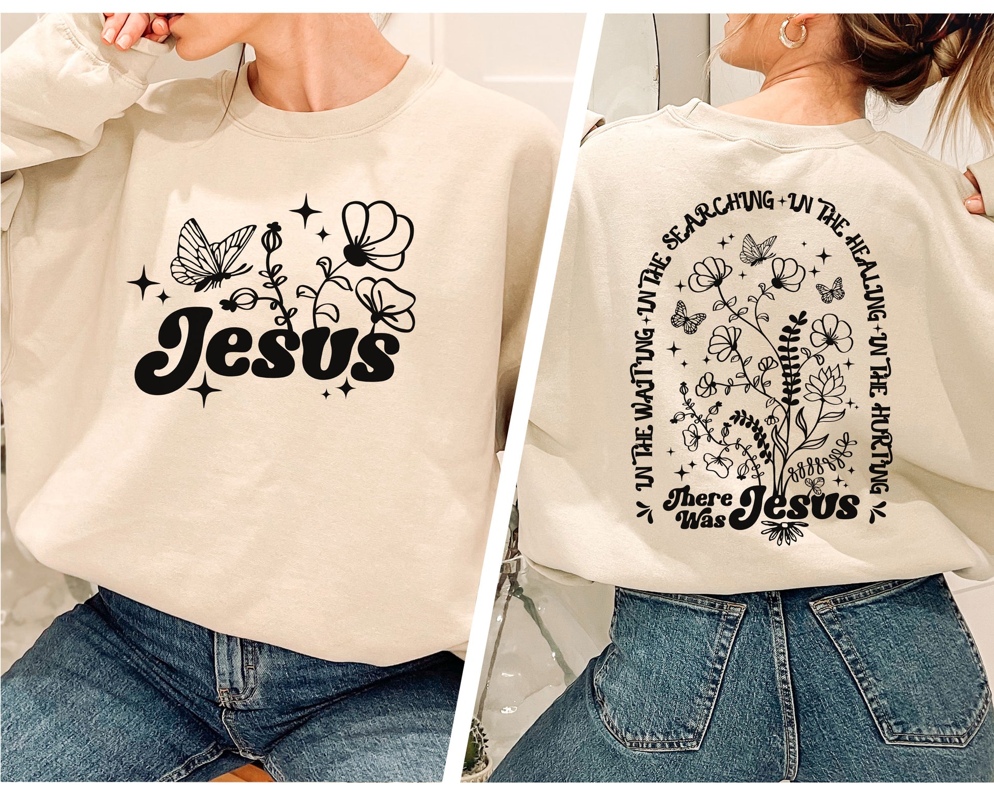 a woman wearing a sweatshirt with the word jesus printed on it