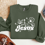 a sweatshirt with the word jesus printed on it