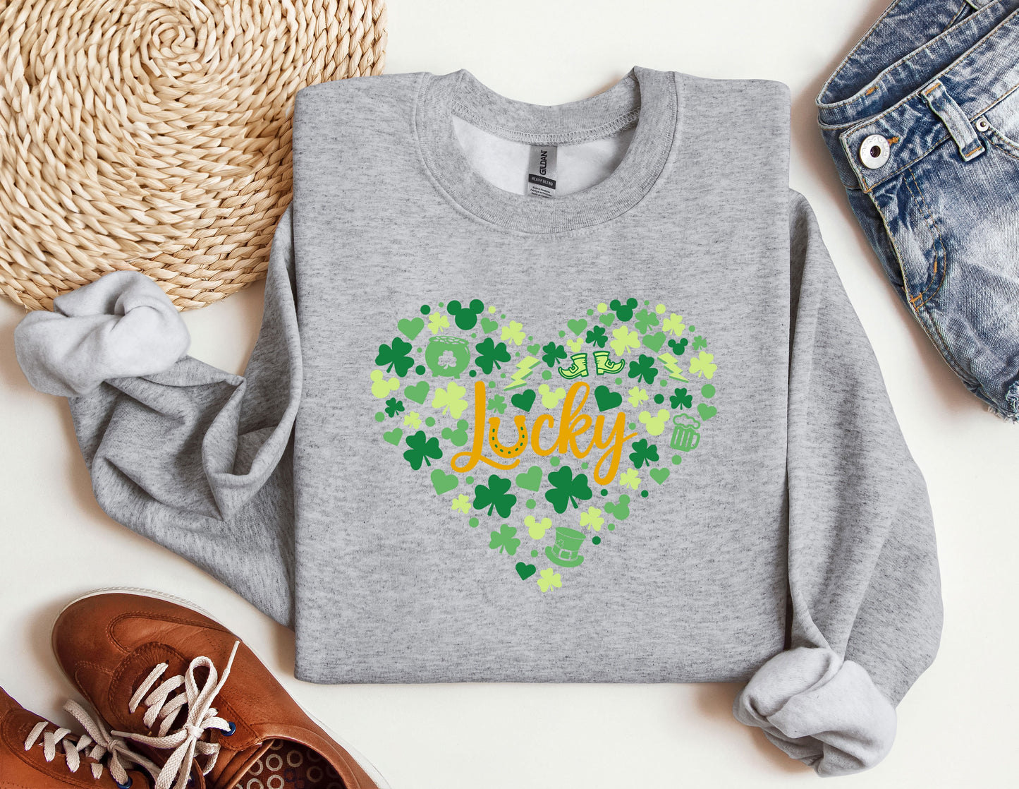 a st patrick&#39;s day sweatshirt with a shamrock heart