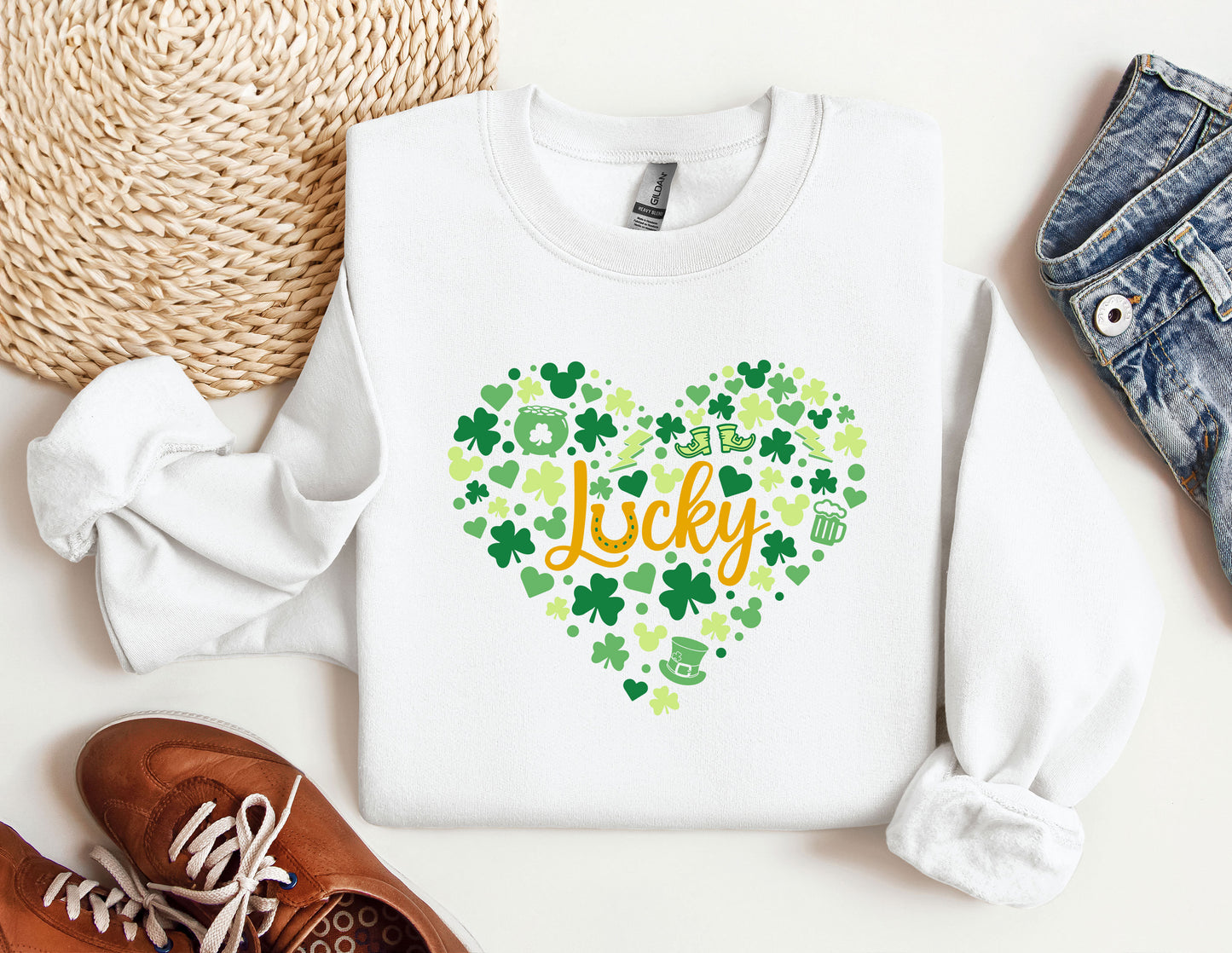 a st patrick&#39;s day sweatshirt with a shamrock heart