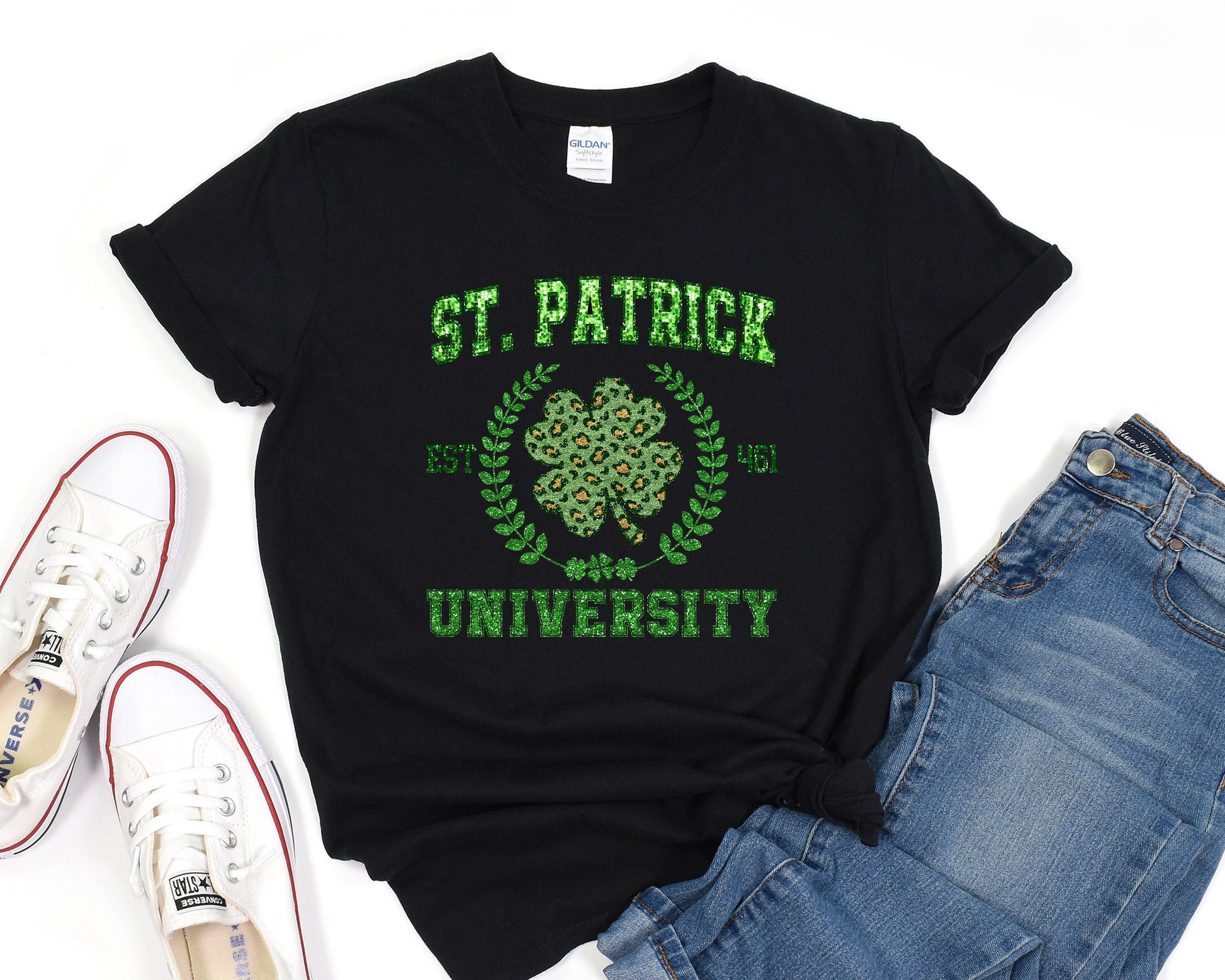 a st patrick&#39;s day t - shirt with shamrocks on it