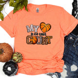 a t - shirt that says, my heart is on the court